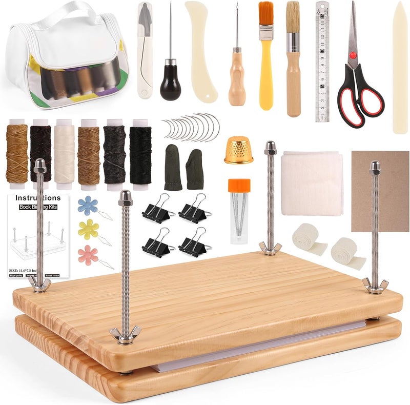 Makeasy 50Pcs Book Binding Kits with Book Press (11.6x7.8in), DIY Bookbinding Kit with Waxed Thread, Needles, Bone Folder, Scissors & Bookbinding Supplies for Beginners & Professionals - Image 1